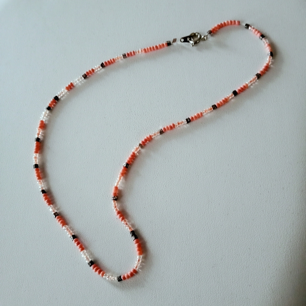 16" Minimalist Boho Chic Retro or Tribal Glass Seed Bead Choker Coral Pink Black